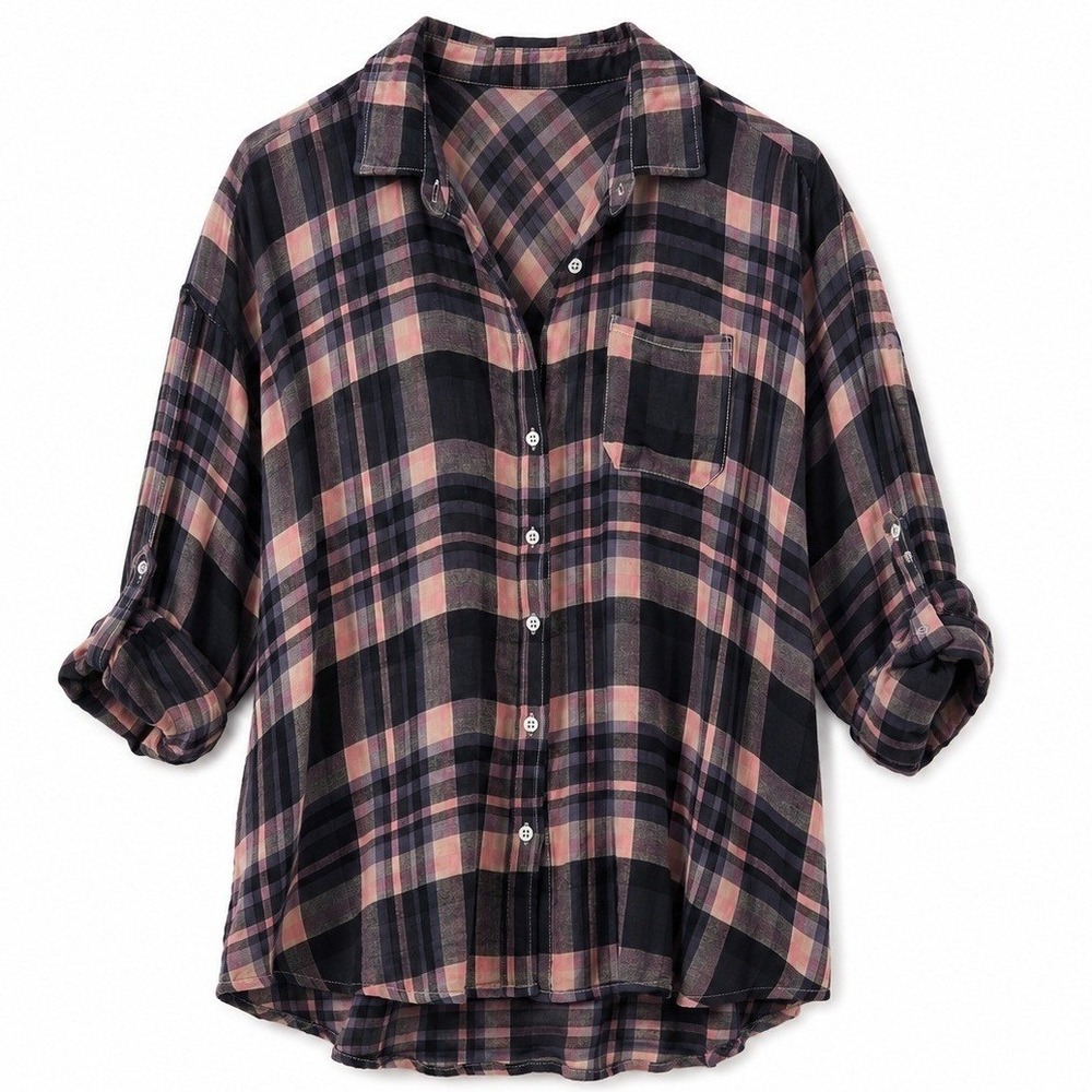 ETWO‎ Womens Plaid Button Down Shirt Pink Black Roll Tab Sleeve Rayon Large